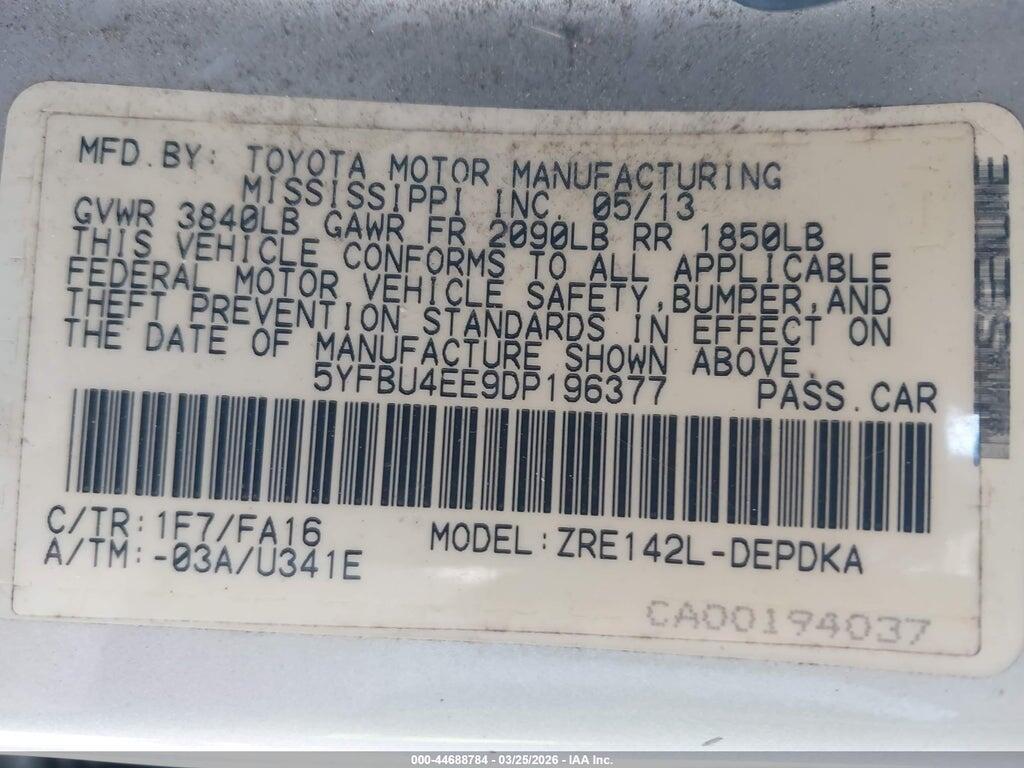 5YFBU4EE9DP196377 2013 TOYOTA COROLLA photo no. 9