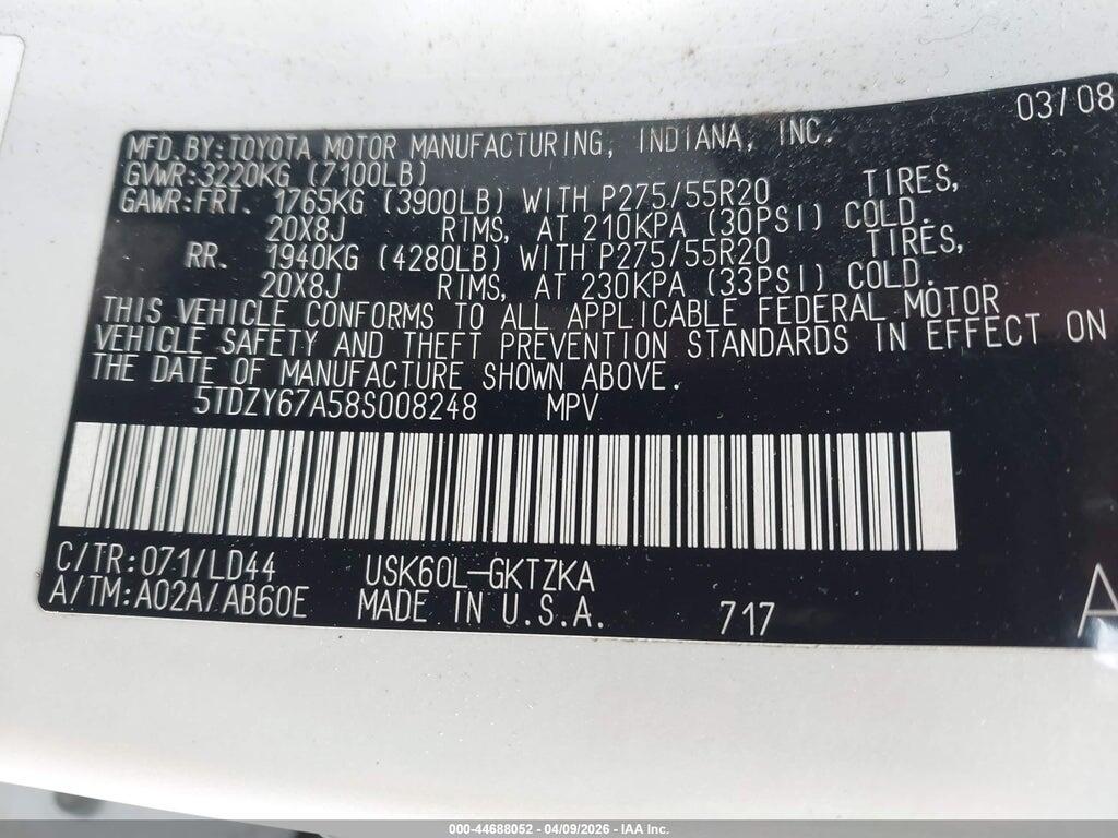 5TDZY67A58S008248 2008 TOYOTA SEQUOIA photo no. 9