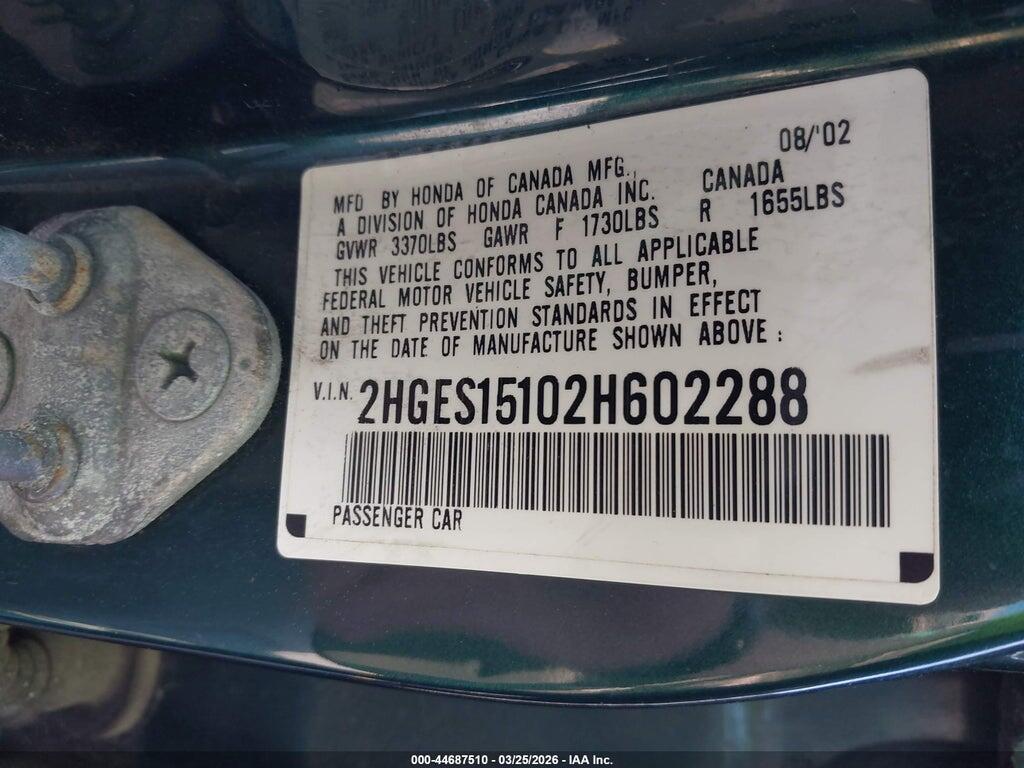 2HGES15102H602288 2002 HONDA CIVIC photo no. 9