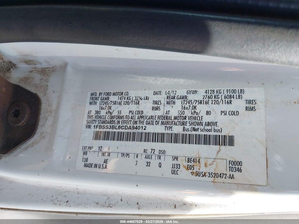 1FBSS3BL6CDA94012 2012 FORD E-350 SUPER DUTY photo no. 9