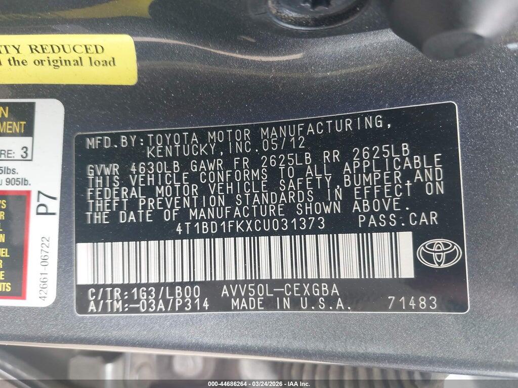 4T1BD1FKXCU031373 2012 TOYOTA CAMRY HYBRID photo no. 9