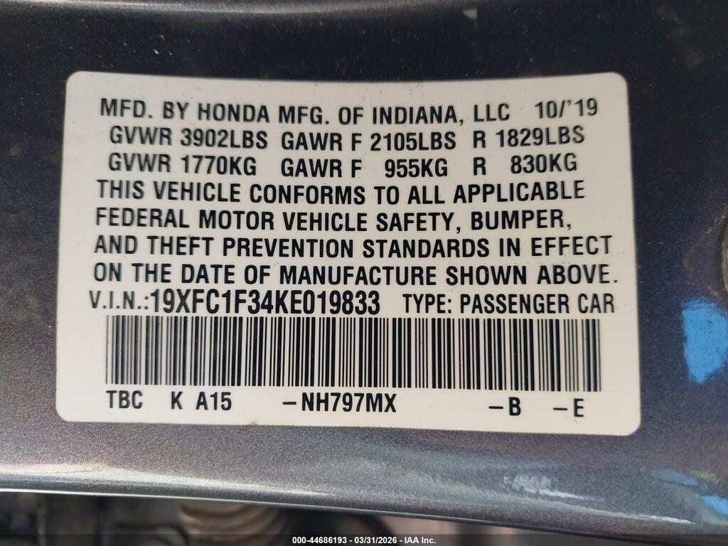 19XFC1F34KE019833 2019 HONDA CIVIC photo no. 9