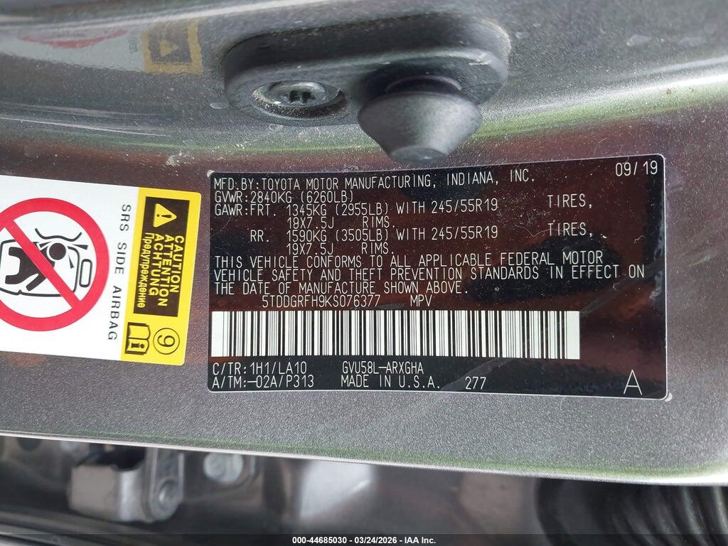 5TDDGRFH9KS076377 2019 TOYOTA HIGHLANDER HYBRID photo no. 9