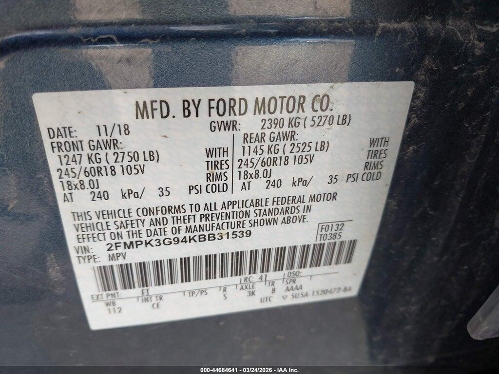 2FMPK3G94KBB31539 2019 FORD EDGE photo no. 9