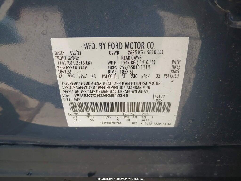 1FMSK7DH2MGB15249 2021 FORD EXPLORER photo no. 9