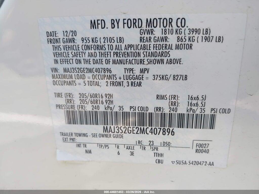 MAJ3S2GE2MC407896 2021 FORD ECOSPORT photo no. 9