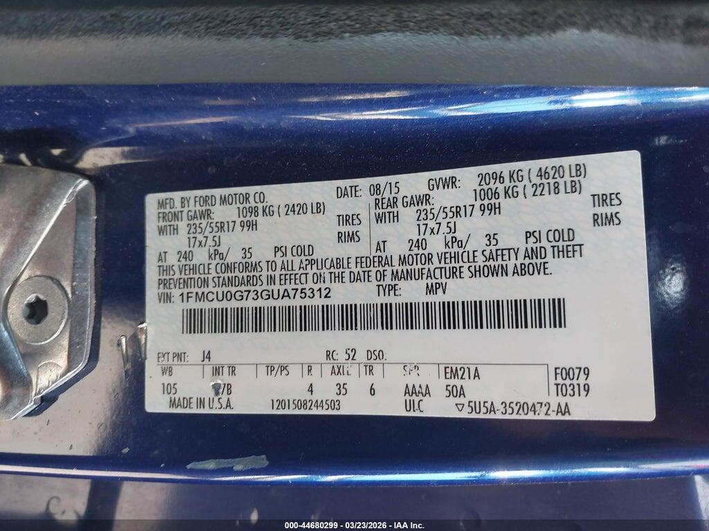 1FMCU0G73GUA75312 2016 FORD ESCAPE photo no. 9