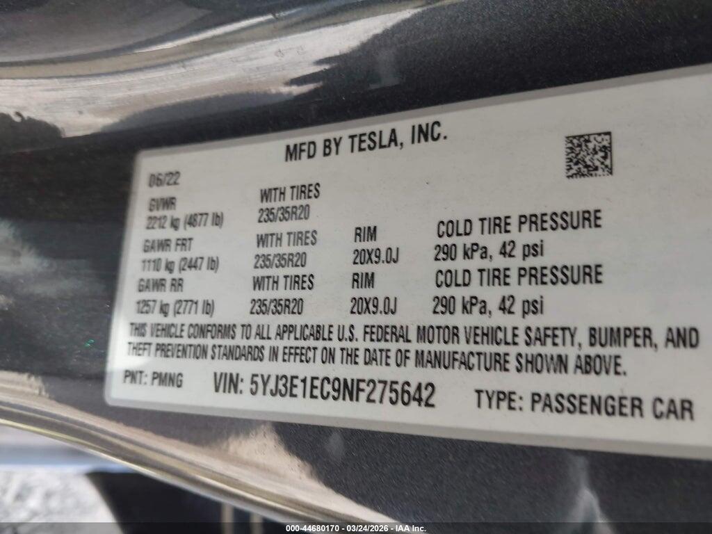 5YJ3E1EC9NF275642 2022 TESLA MODEL 3 photo no. 9