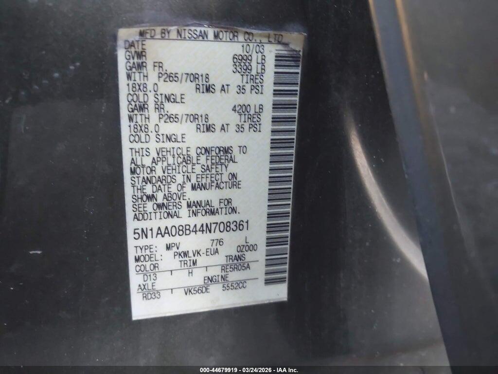 5N1AA08B44N708361 2004 NISSAN PATHFINDER ARMADA photo no. 9