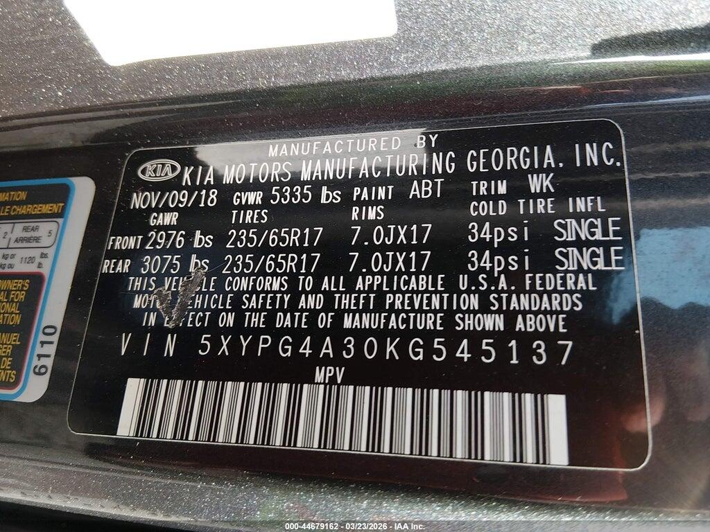 5XYPG4A30KG545137 2019 KIA SORENTO photo no. 9