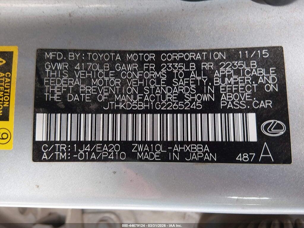 JTHKD5BH1G2265245 2016 LEXUS CT 200H photo no. 9