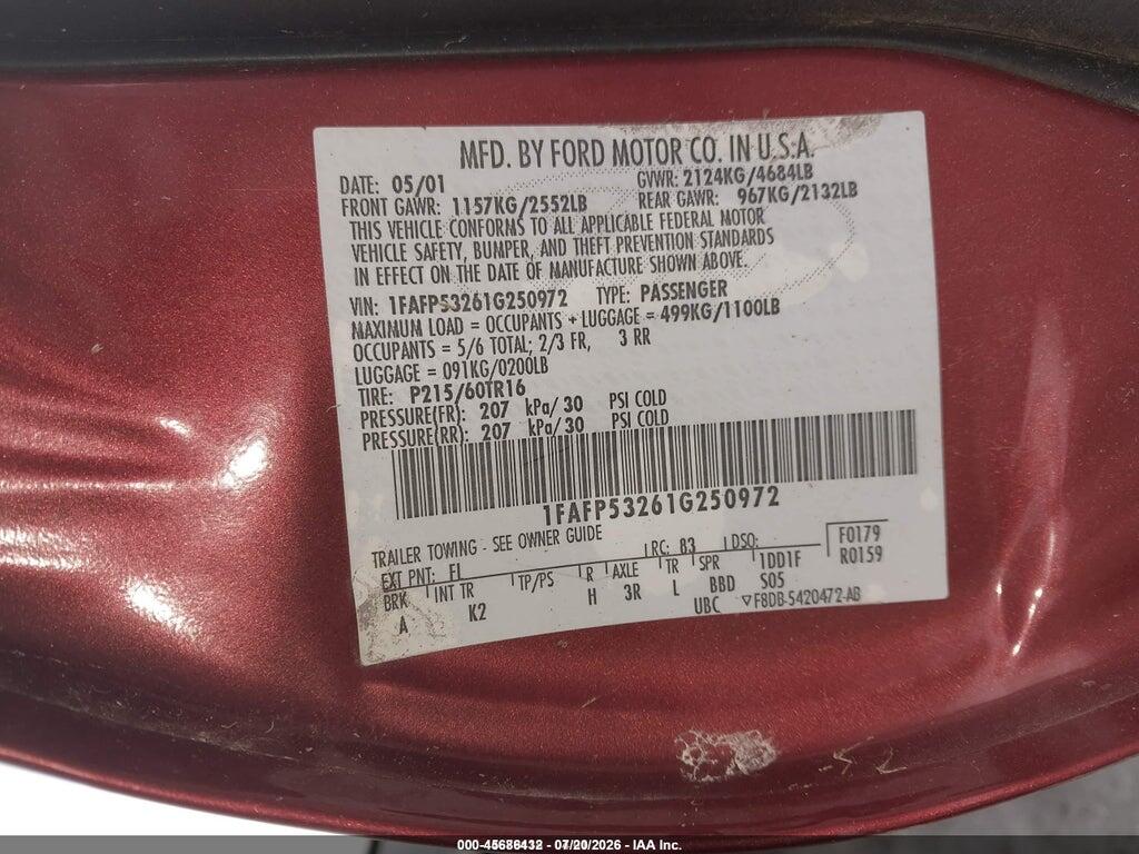 1FAFP53261G250972 2001 FORD TAURUS photo no. 9