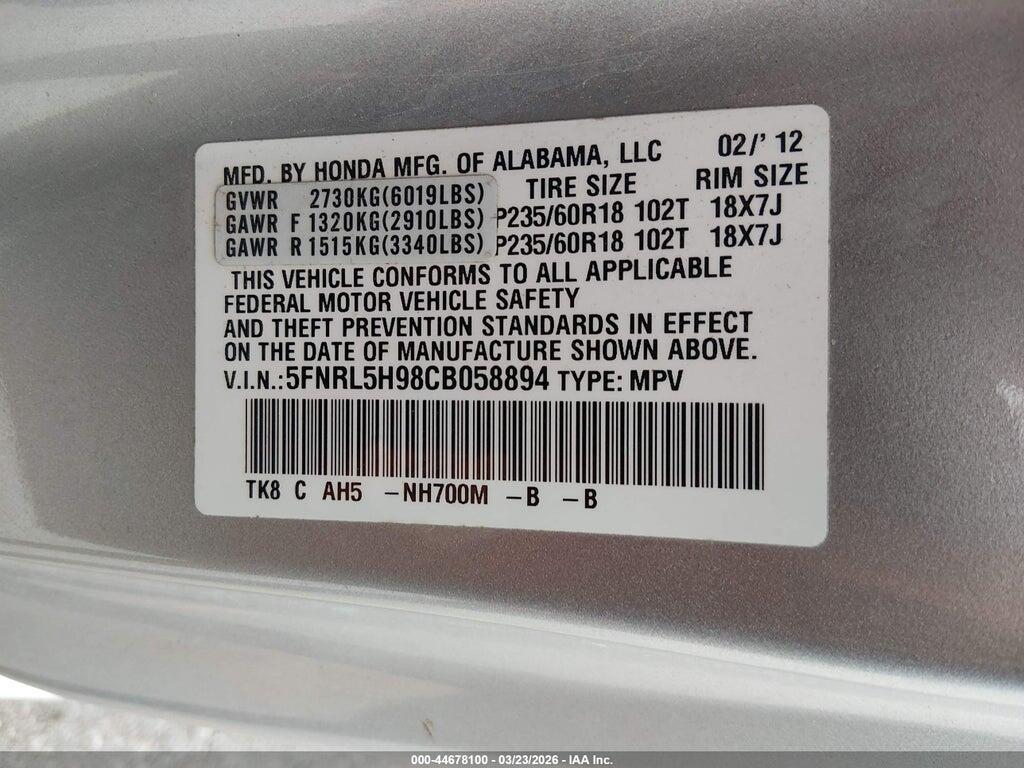 5FNRL5H98CB058894 2012 HONDA ODYSSEY photo no. 9