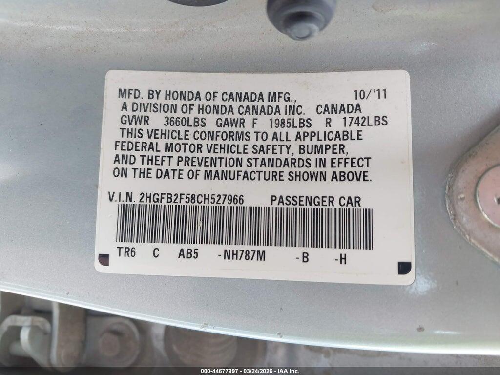 2HGFB2F58CH527966 2012 HONDA CIVIC photo no. 9