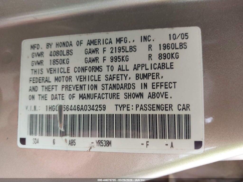1HGCM56446A034259 2006 HONDA ACCORD photo no. 9