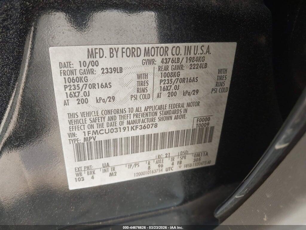 1FMCU03191KF36078 2001 FORD ESCAPE photo no. 9