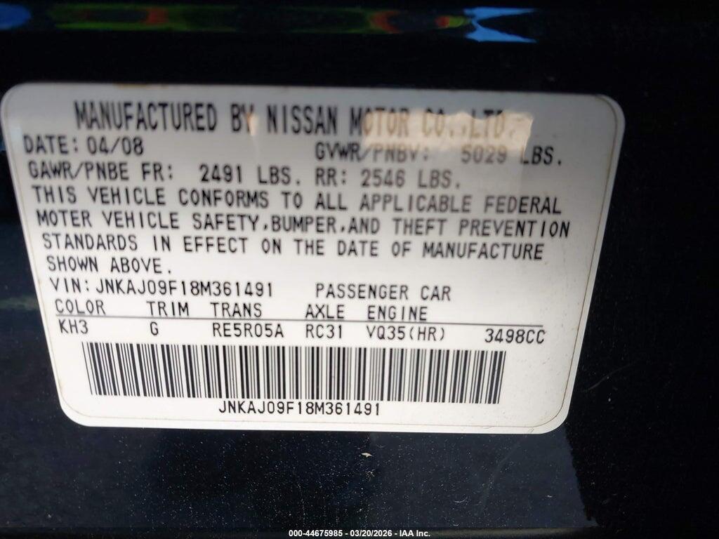 JNKAJ09F18M361491 2008 INFINITI EX35 photo no. 9