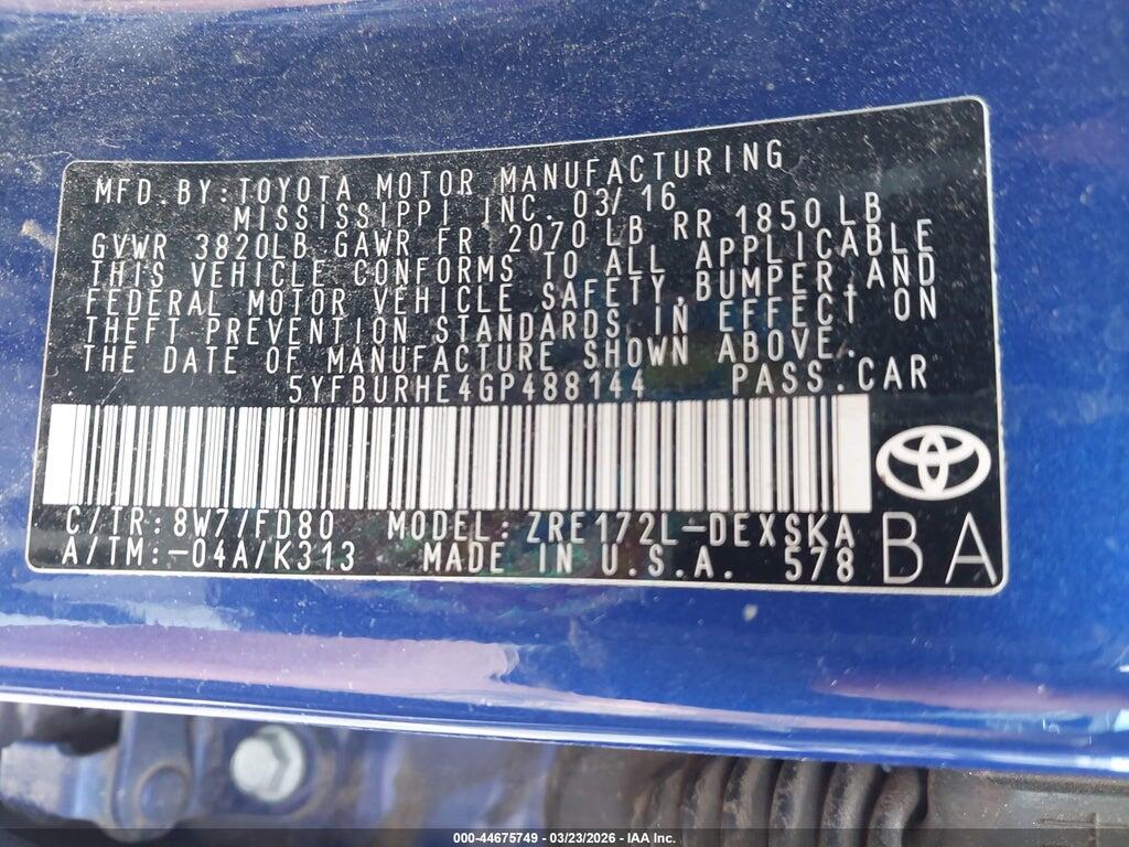 5YFBURHE4GP488144 2016 TOYOTA COROLLA photo no. 9
