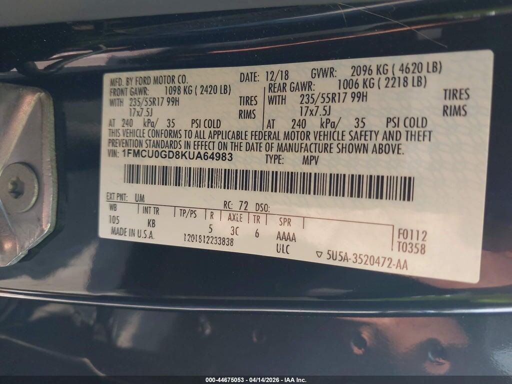 1FMCU0GD8KUA64983 2019 FORD ESCAPE photo no. 9
