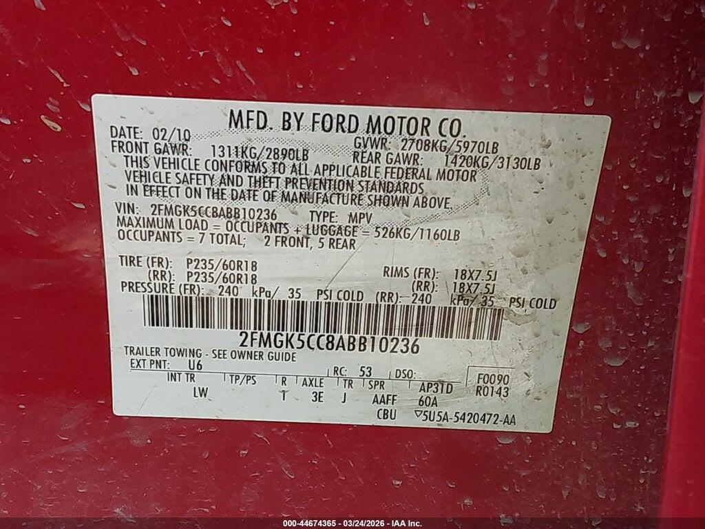 2FMGK5CC8ABB10236 2010 FORD FLEX photo no. 9