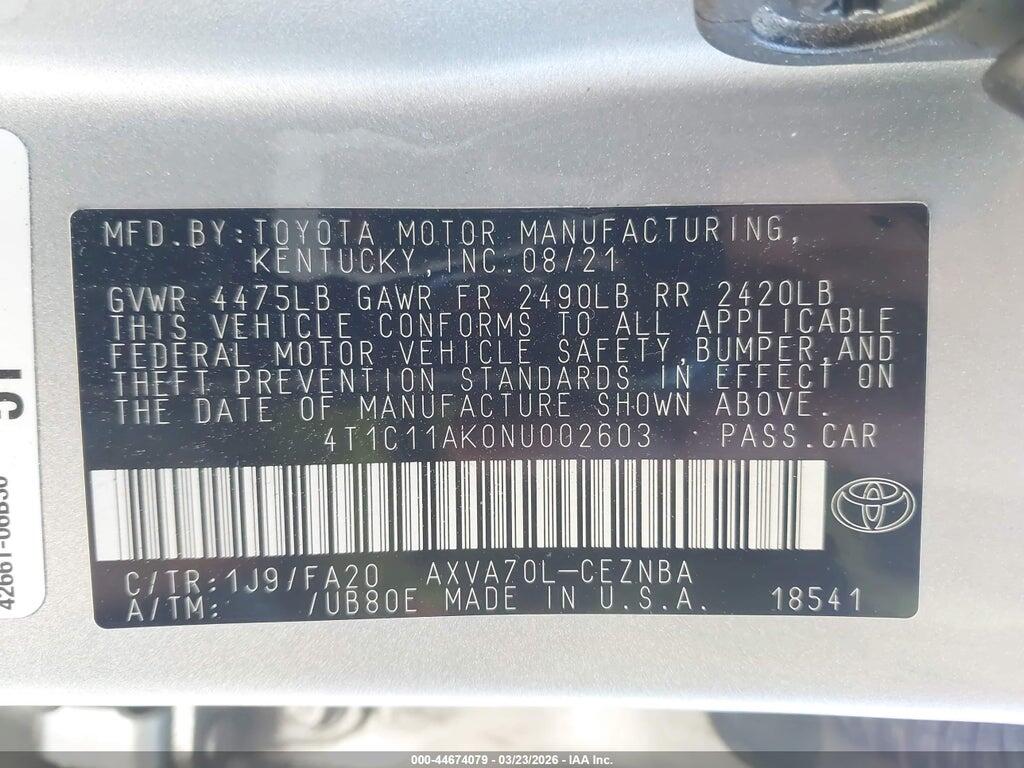 4T1C11AK0NU002603 2022 TOYOTA CAMRY photo no. 9
