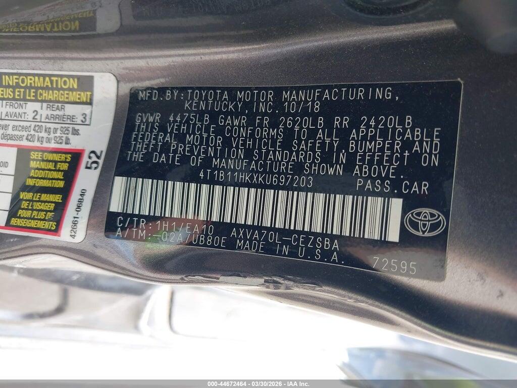 4T1B11HKXKU697203 2019 TOYOTA CAMRY photo no. 9