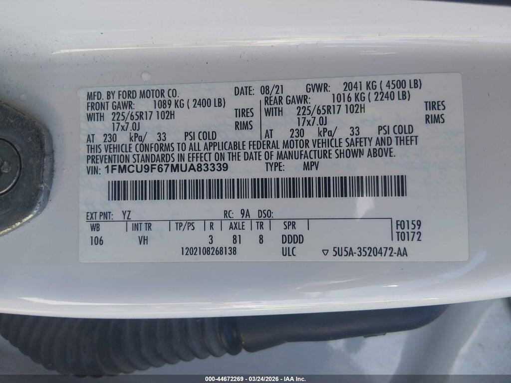 1FMCU9F67MUA83339 2021 FORD ESCAPE photo no. 9