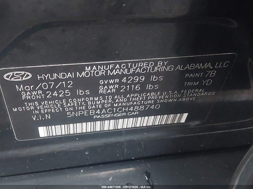 5NPEB4AC1CH488740 2012 HYUNDAI SONATA photo no. 9