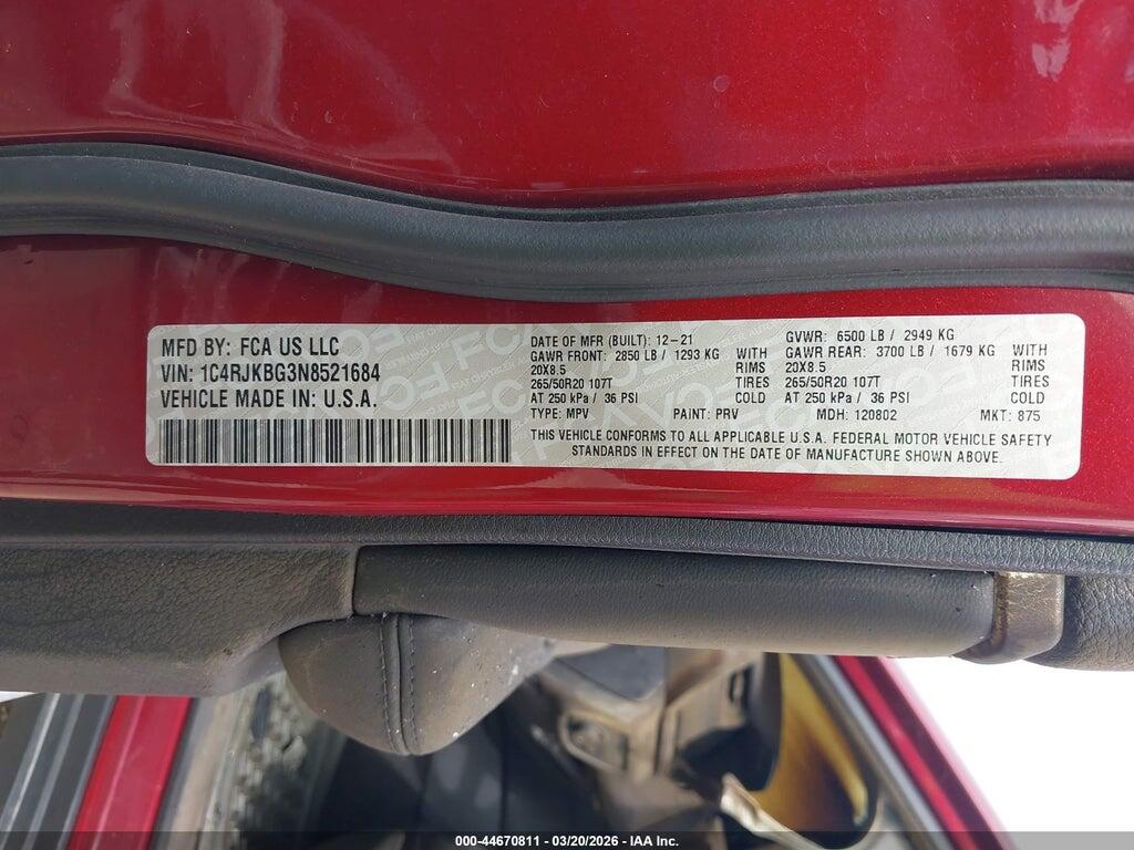 1C4RJKBG3N8521684 2022 JEEP GRAND CHEROKEE L photo no. 9