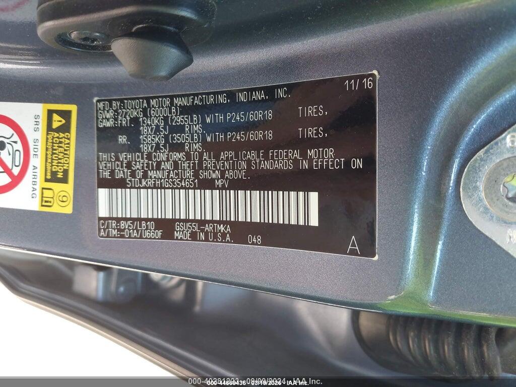 5TDJKRFH1GS354651 2016 TOYOTA HIGHLANDER photo no. 9