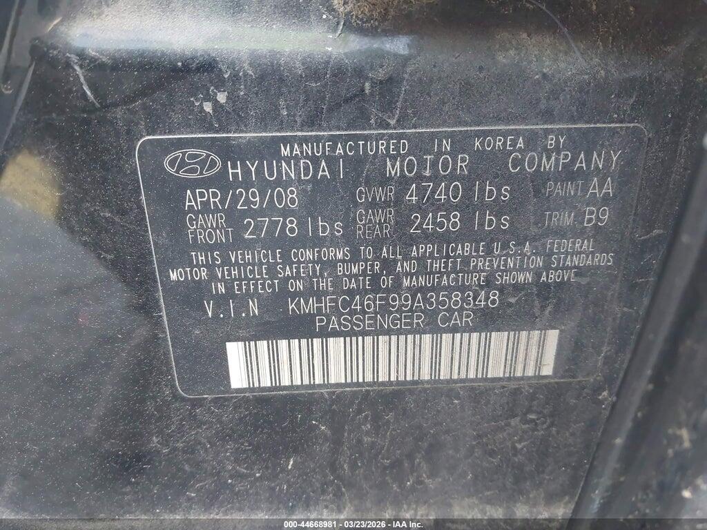 KMHFC46F99A358348 2009 HYUNDAI AZERA photo no. 9