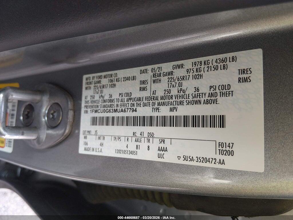 1FMCU0G63MUA67794 2021 FORD ESCAPE photo no. 9