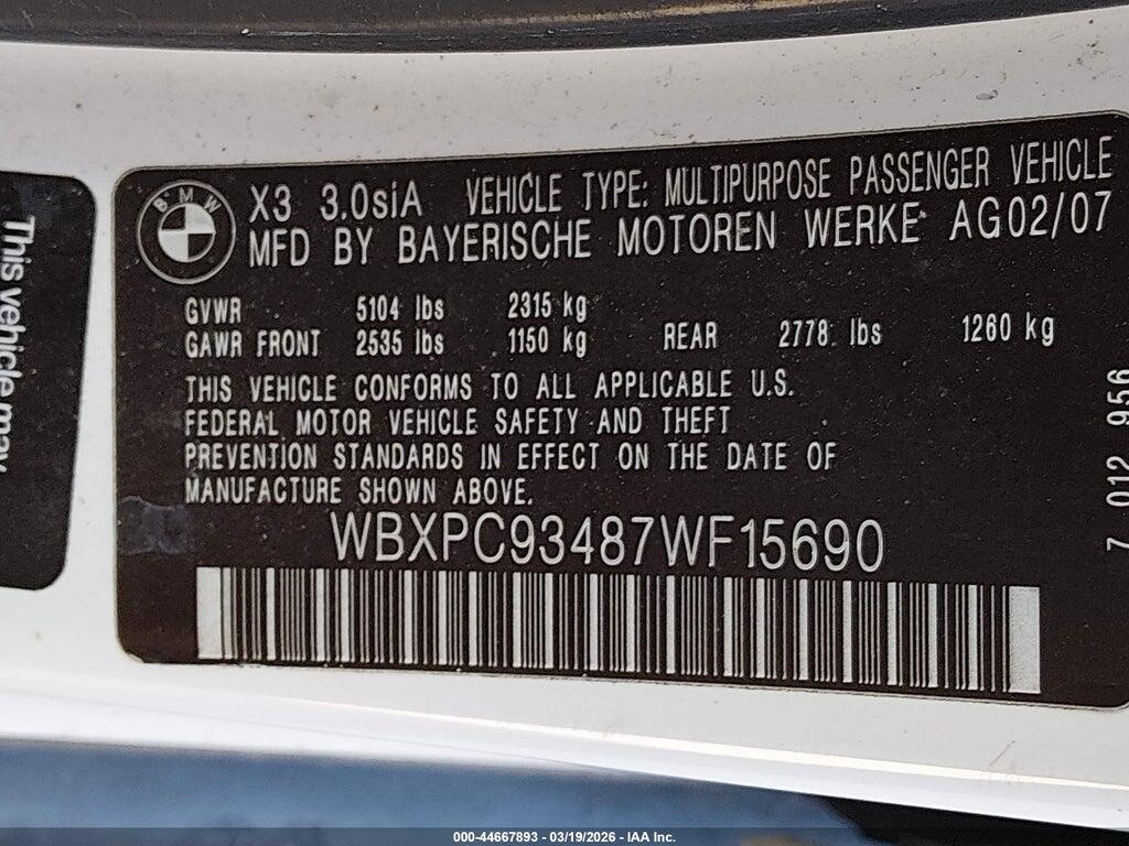WBXPC93487WF15690 2007 BMW X3 photo no. 9