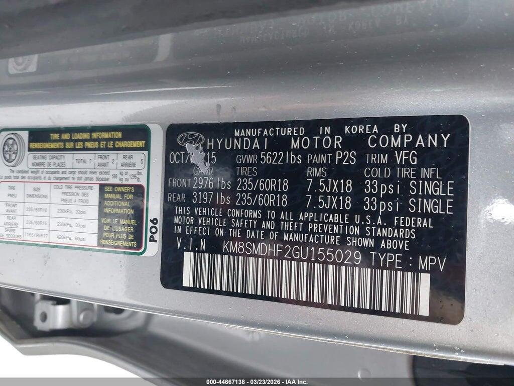 KM8SMDHF2GU155029 2016 HYUNDAI SANTA FE photo no. 9