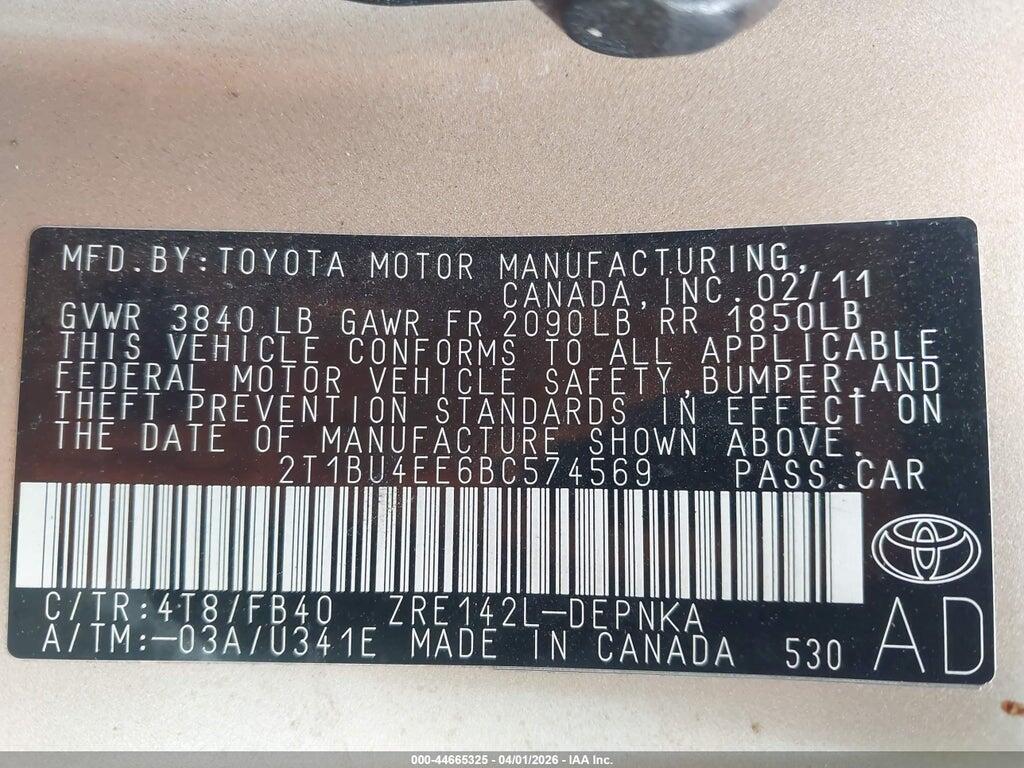 2T1BU4EE6BC574569 2011 TOYOTA COROLLA photo no. 9