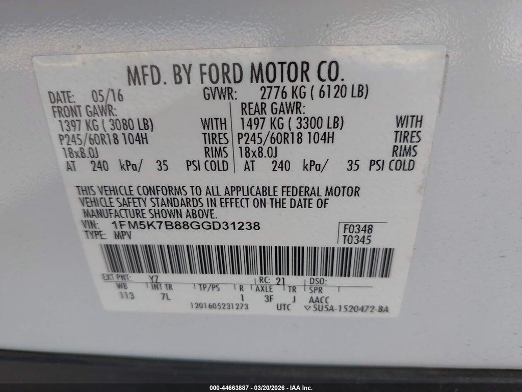 1FM5K7B88GGD31238 2016 FORD EXPLORER photo no. 9