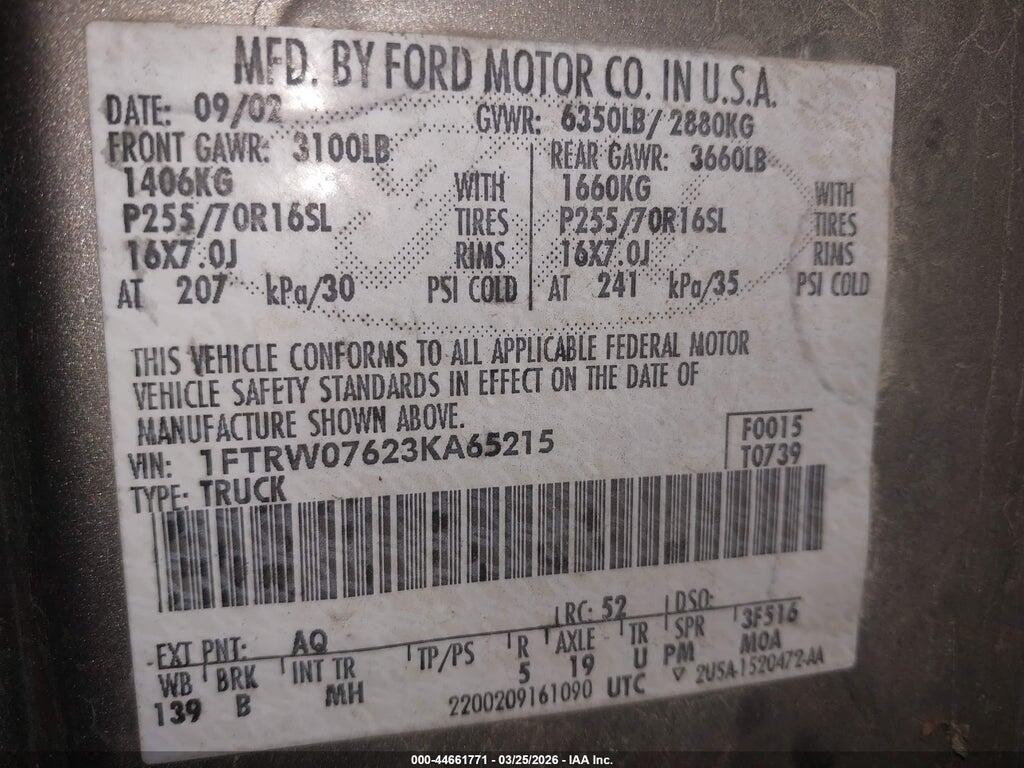 1FTRW07623KA65215 2003 FORD F-150 photo no. 9