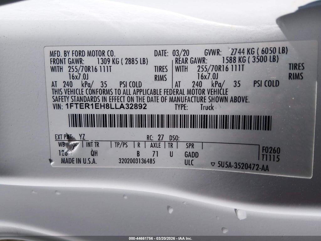 1FTER1EH8LLA32892 2020 FORD RANGER photo no. 9