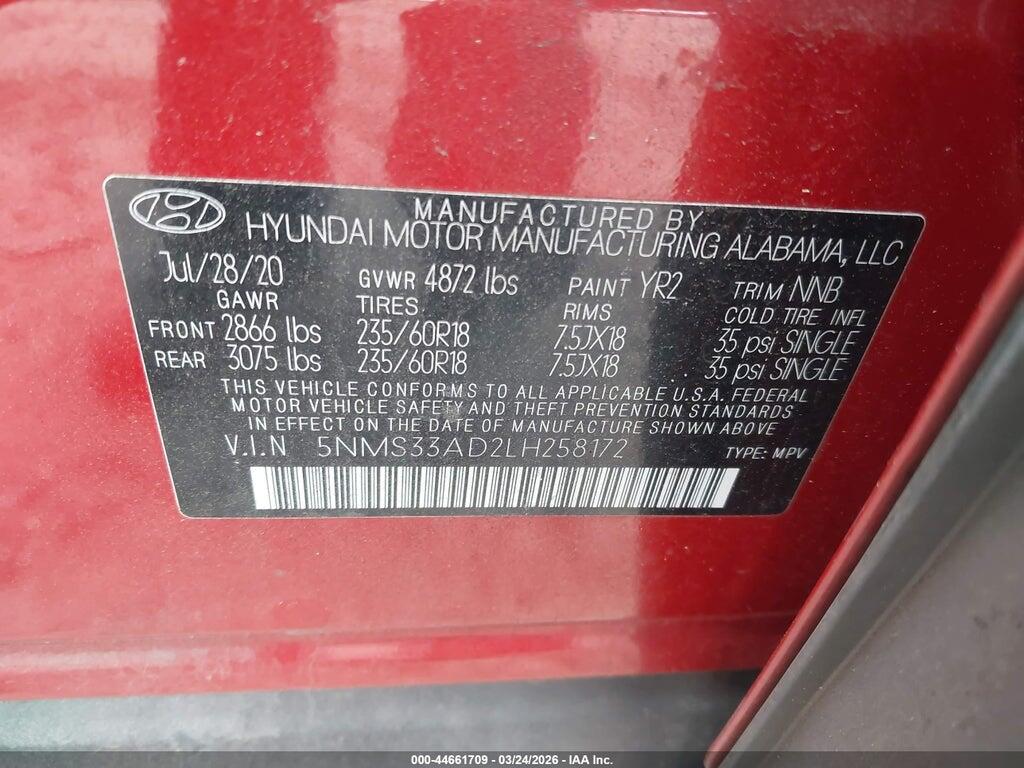 5NMS33AD2LH258172 2020 HYUNDAI SANTA FE photo no. 9