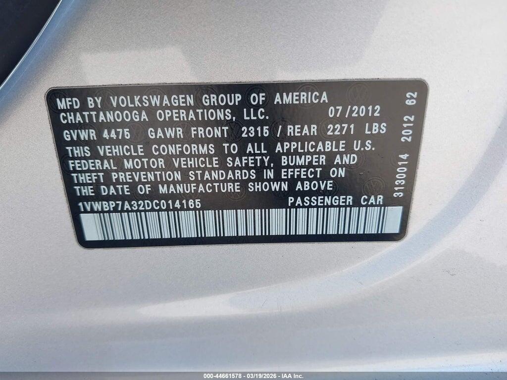 1VWBP7A32DC014165 2013 VOLKSWAGEN PASSAT photo no. 9