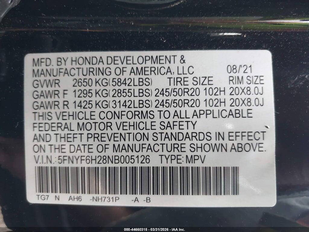5FNYF6H28NB005126 2022 HONDA PILOT photo no. 9