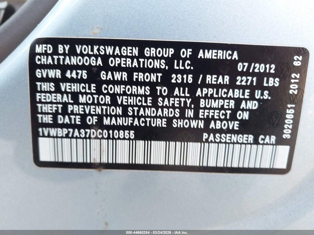 1VWBP7A37DC010855 2013 VOLKSWAGEN PASSAT photo no. 9