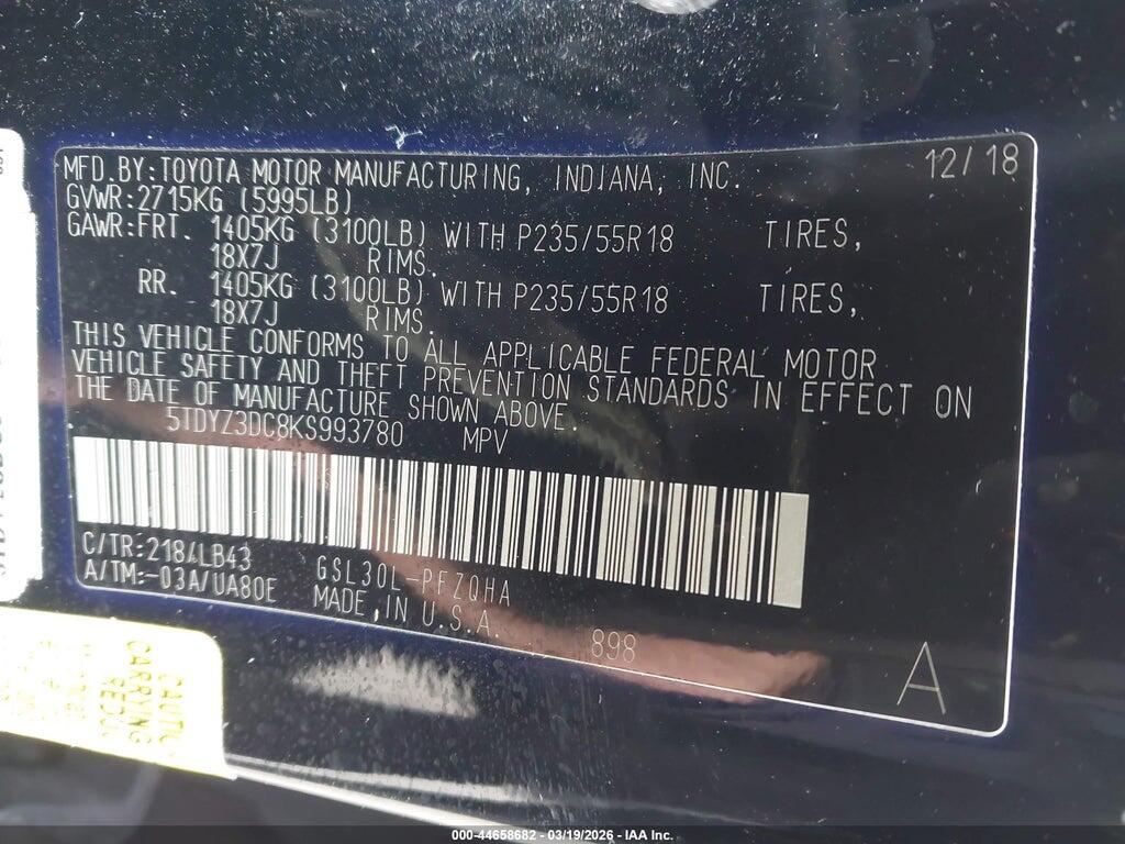5TDYZ3DC8KS993780 2019 TOYOTA SIENNA photo no. 9