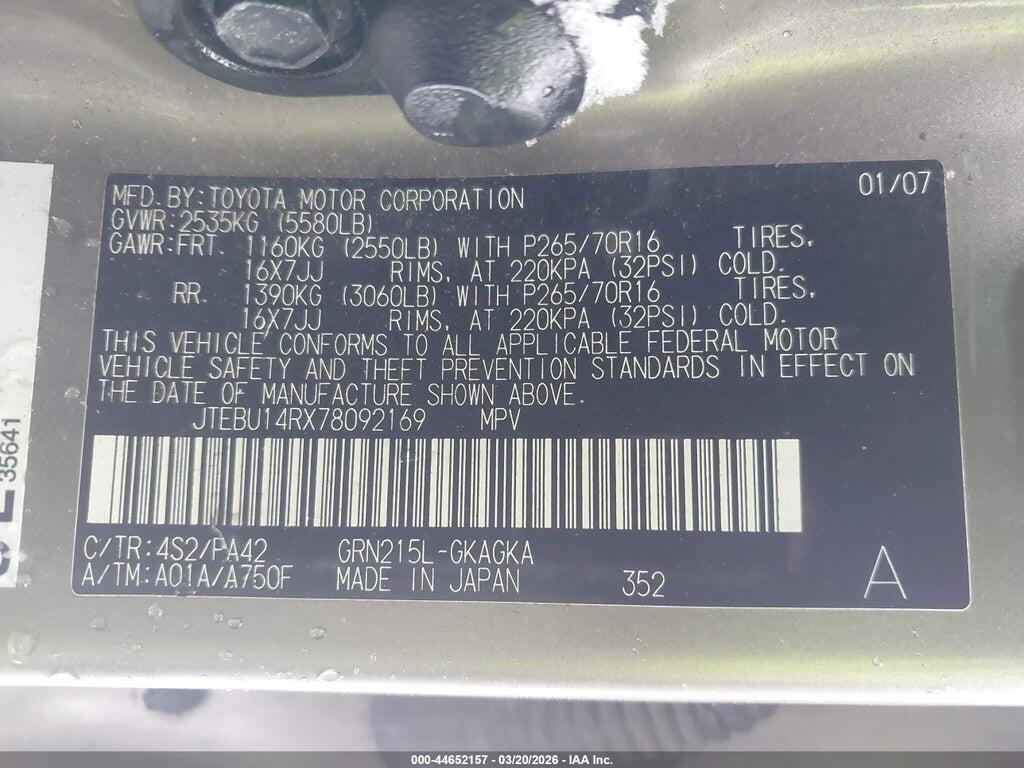 JTEBU14RX78092169 2007 TOYOTA 4RUNNER photo no. 9