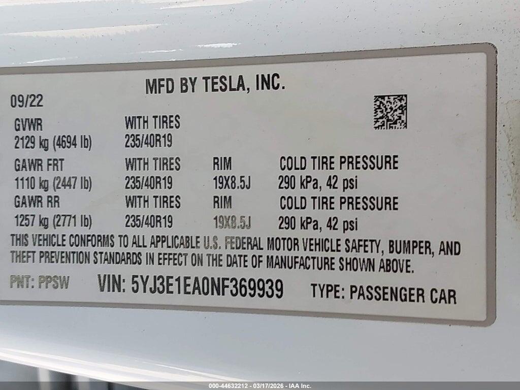 5YJ3E1EA0NF369939 2022 TESLA MODEL 3 photo no. 9