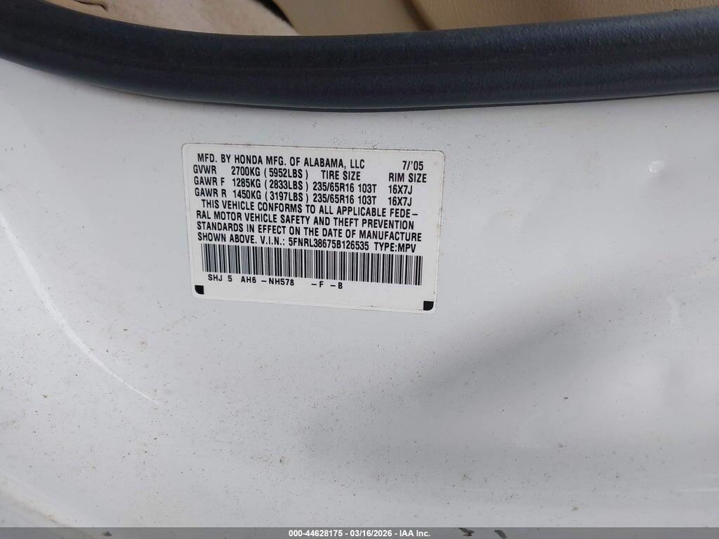 5FNRL38675B126535 2005 HONDA ODYSSEY photo no. 9