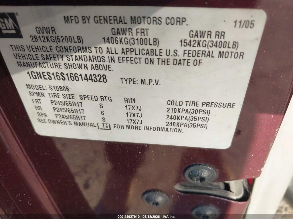 1GNES16S166144328 2006 CHEVROLET TRAILBLAZER EXT photo no. 9