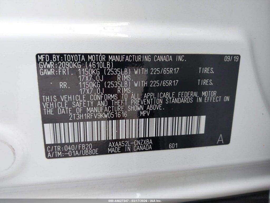 2T3H1RFV9KW051616 2019 TOYOTA RAV4 photo no. 9