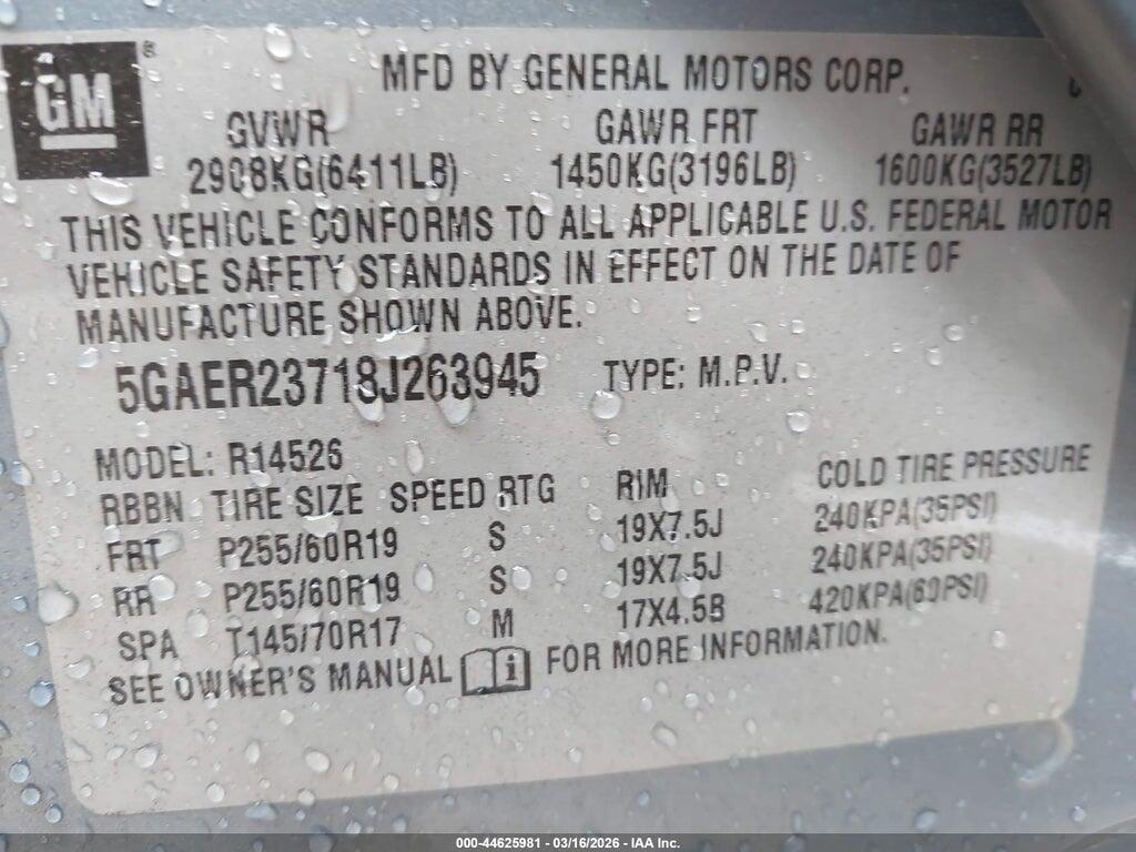 5GAER23718J263945 2008 BUICK ENCLAVE photo no. 9