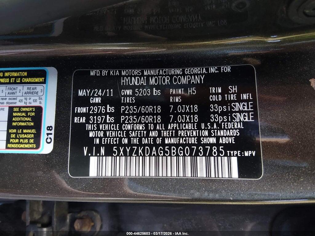 5XYZKDAG5BG073785 2011 HYUNDAI SANTA FE photo no. 9